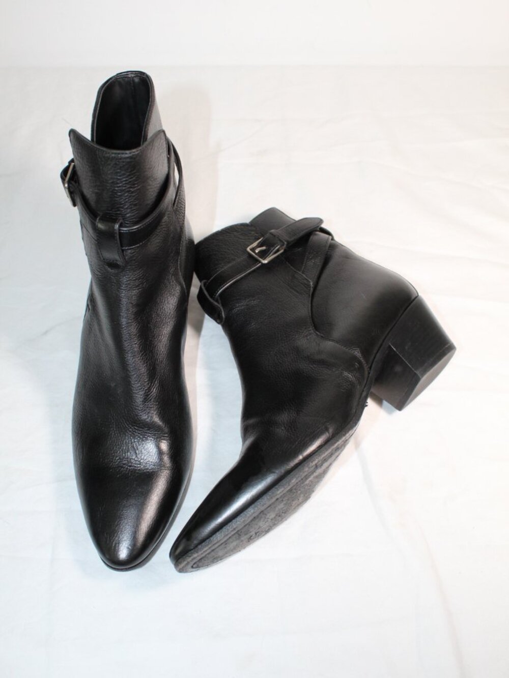 Saint Laurent Jodhpur Ankle Boots Booties Black Leather Side Buckle Pull On 40